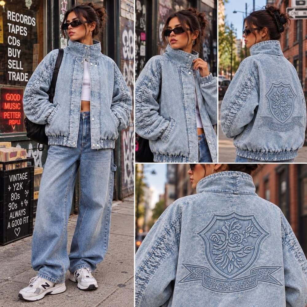 Gitano Acid-Wash Denim Jacket Size M Oversized Rose Crest